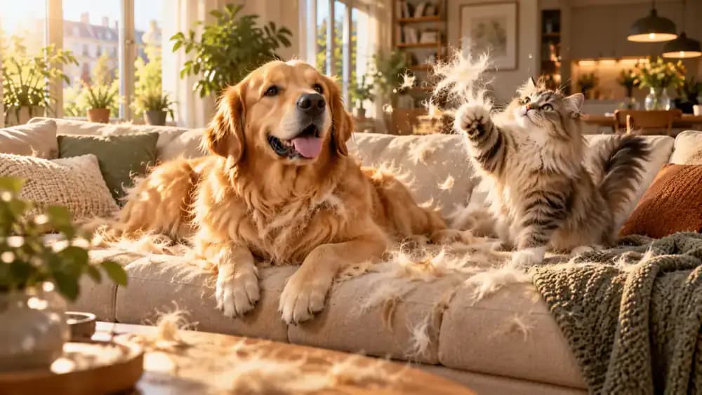 Golden Retriever stretching on a beige sofa covered with loose golden fur while a fluffy cat walks along the backrest and a puzzled owner holds a grooming brush.