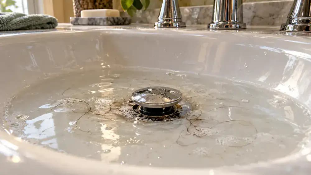 Close-up of a white porcelain bathroom sink with clear water pooling around a raised chrome pop-up drain stopper, with visible hair strands and soap residue near the drain opening.