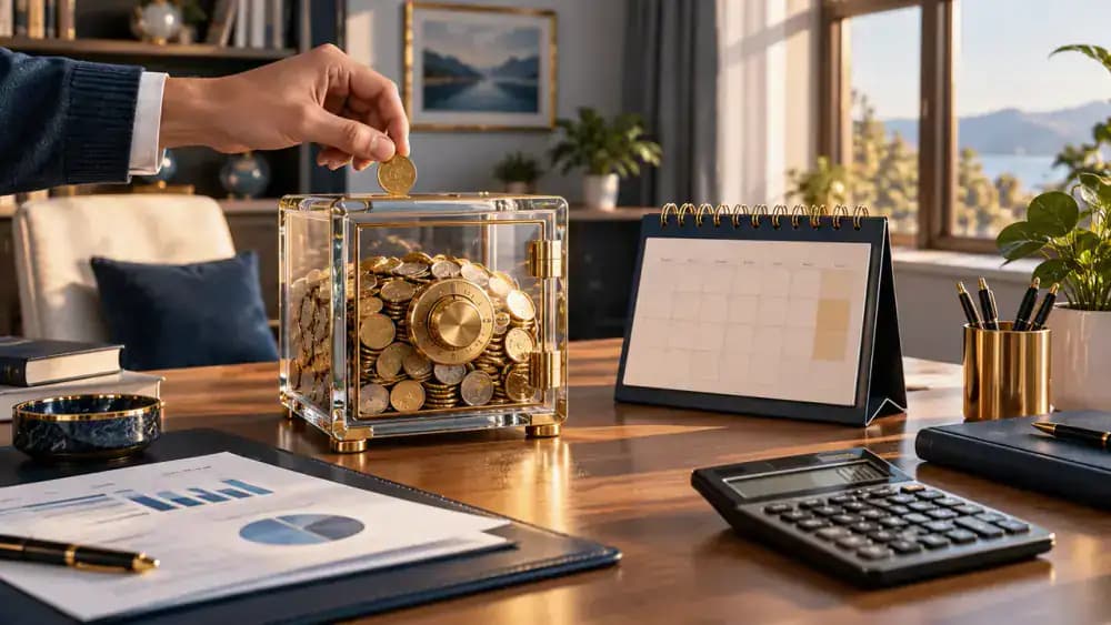 Savings jar inside a transparent locked container beside a calendar