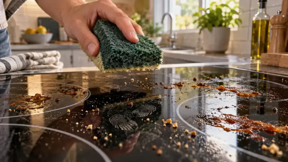 Extreme close-up of a black glass-ceramic electric cooktop with greasy fingerprints, food crumbs, dried sauce splatters, and cloudy streaks as a hand holds a rough green scouring pad just above the surface without touching it.
