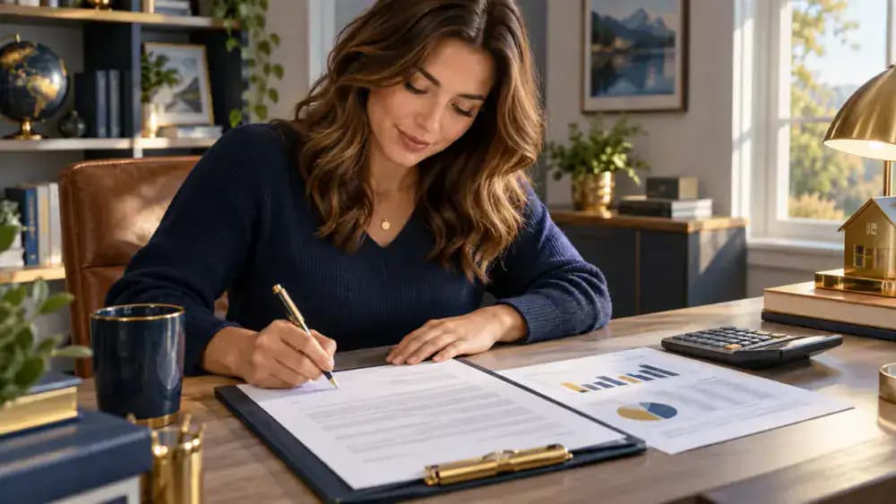 Person signing a loan agreement beside a calculator and repayment schedule