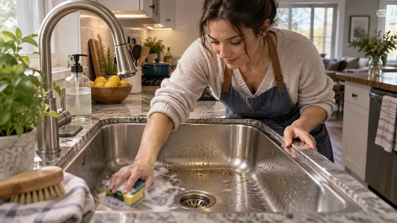 Adult homeowner preparing to gently clean a dull stainless steel kitchen sink with visible crumbs, greasy film, water spots, and dishes nearby.