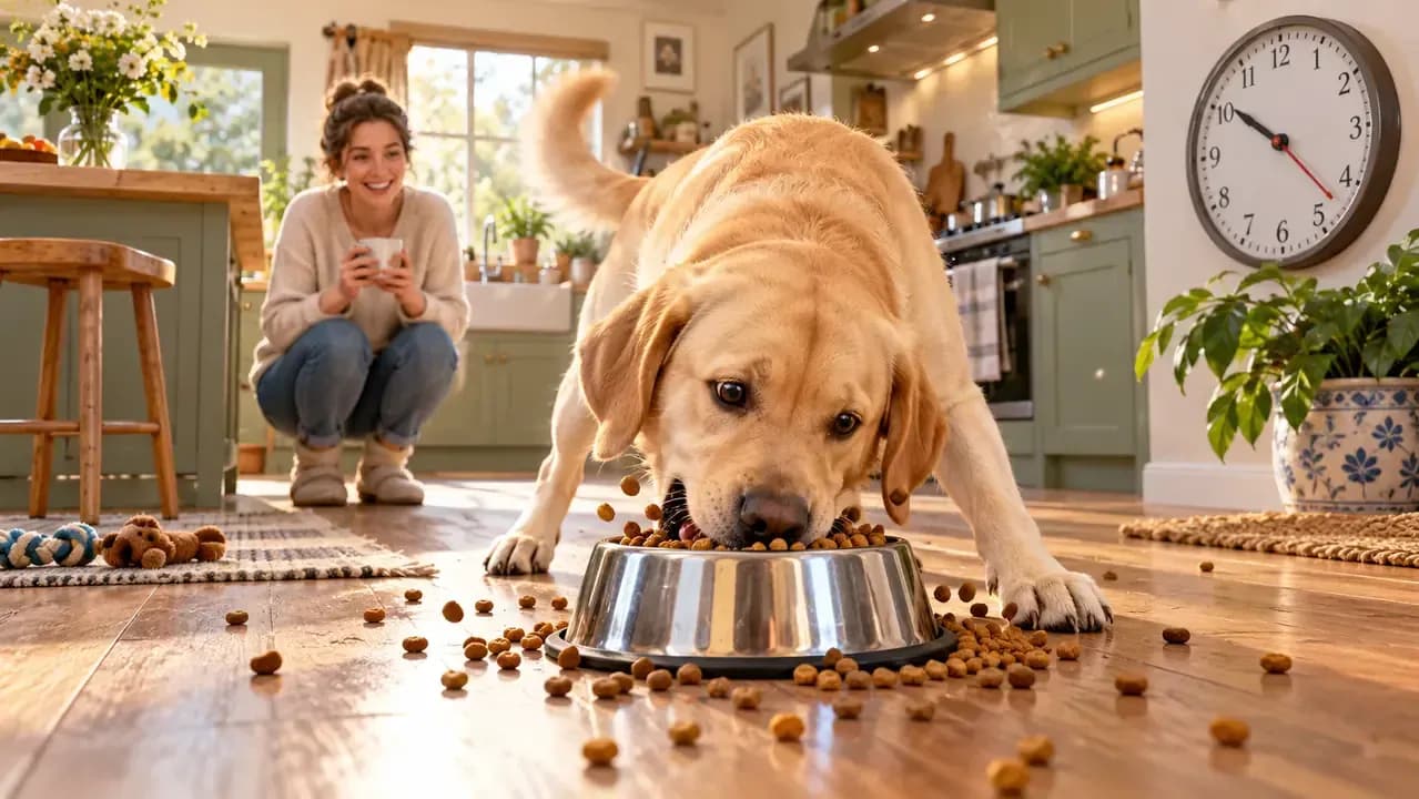 Labrador rapidly eating kibble from a stainless steel bowl in a kitchen
