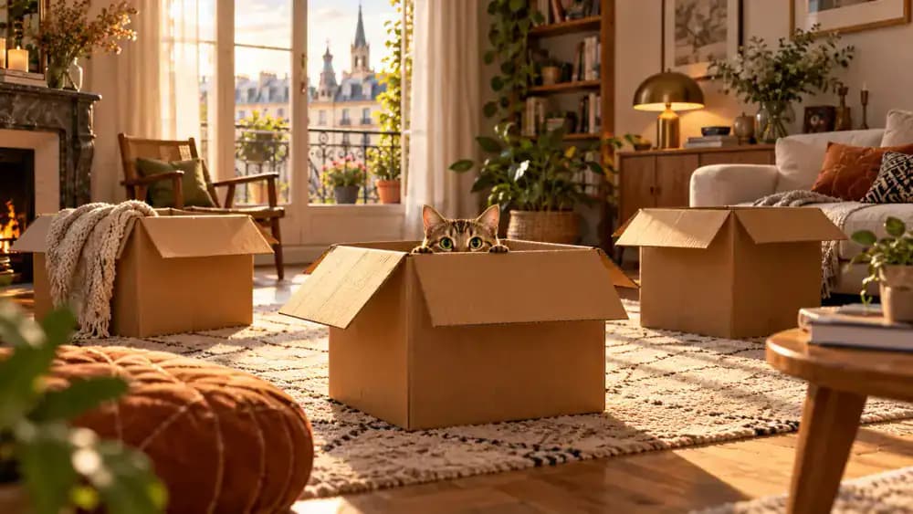 Curious tabby cat exploring three cardboard boxes in a warm living room, peeking through an opening in one box.