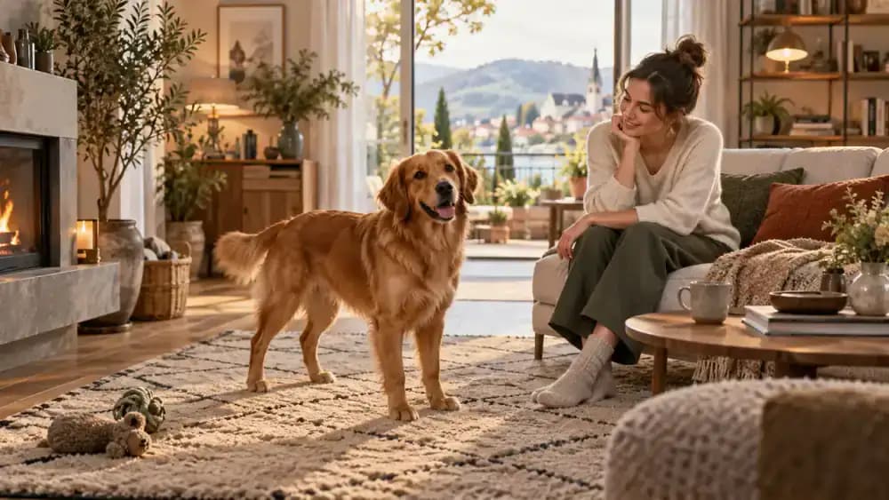 Brown dog standing naturally on a living room rug while its owner observes its posture