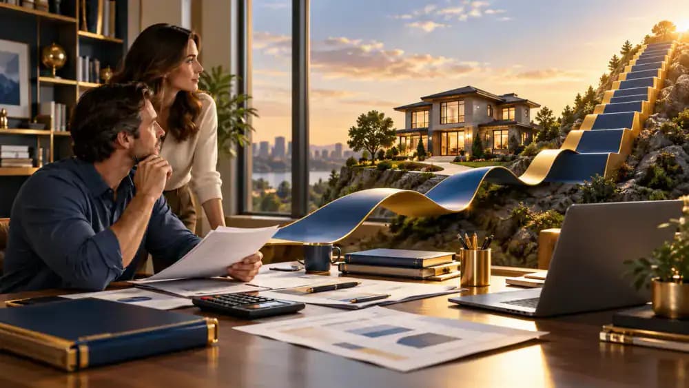 Modern house beside a flexible financial ribbon that transforms into a rigid staircase representing increasing repayment obligations.