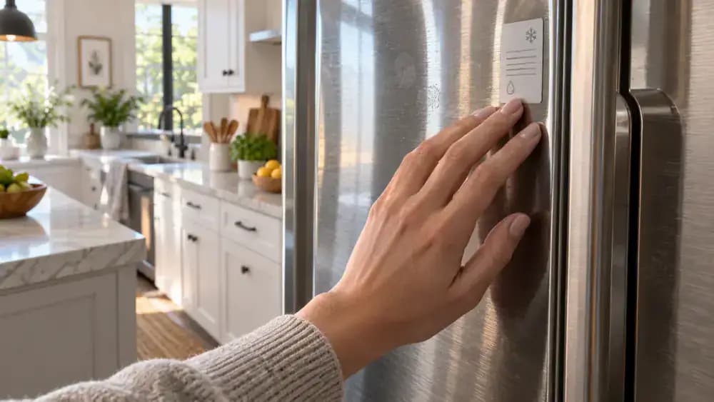 Close-up of a stainless steel refrigerator door with visible fingerprints as a hand checks the manufacturer care label and traces the horizontal grain lines under bright kitchen light.