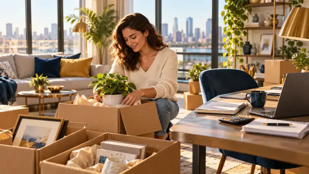 Renter unpacking cardboard moving boxes inside a bright apartment while managing the expenses of relocating.