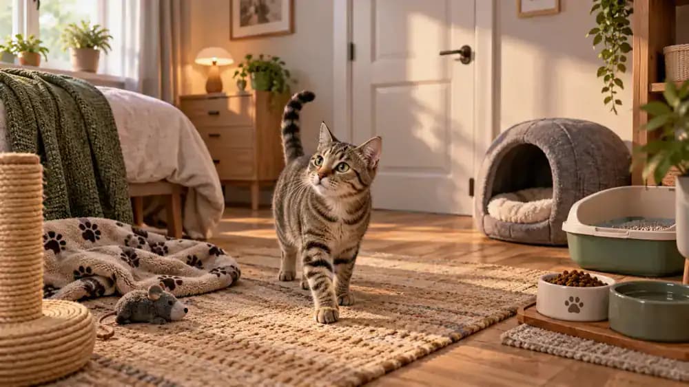 Newly adopted tabby cat exploring a small prepared starter room