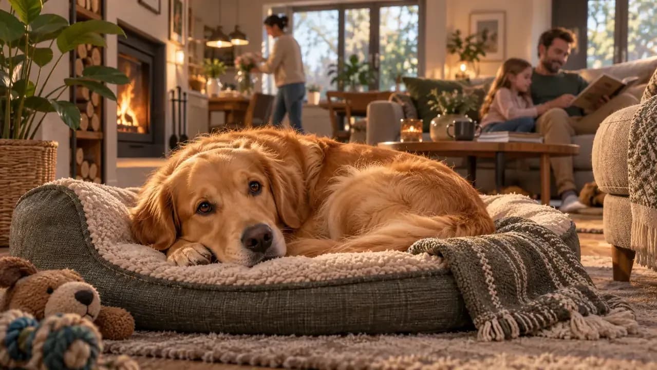 Dog resting peacefully on a cushioned mat in a quiet living room nook