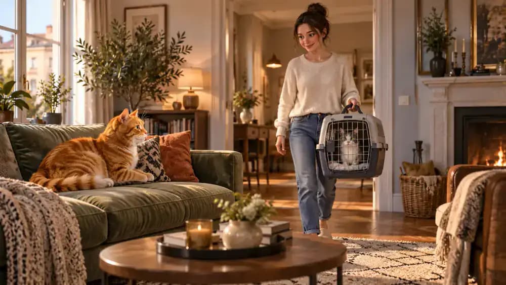 Orange tabby Milo watches from a sofa as his owner brings gray and white Luna home in a secured carrier