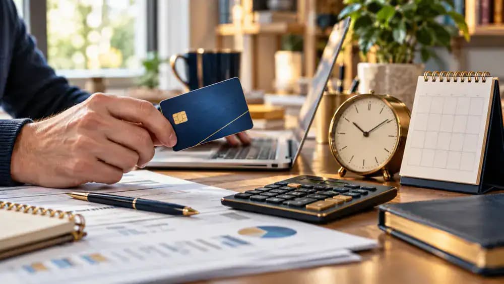 Credit card beside a clock and calendar illustrating the importance of payment deadlines.