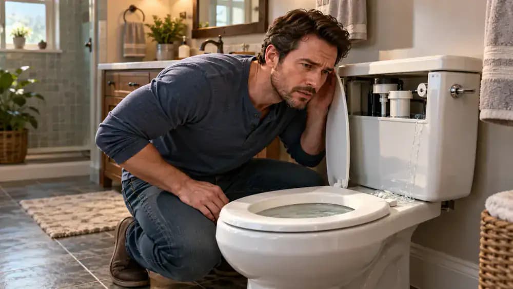 Homeowner standing beside a white two-piece toilet in a modern American bathroom, listening for running water after flushing while a thin trickle enters the bowl beneath the rim.