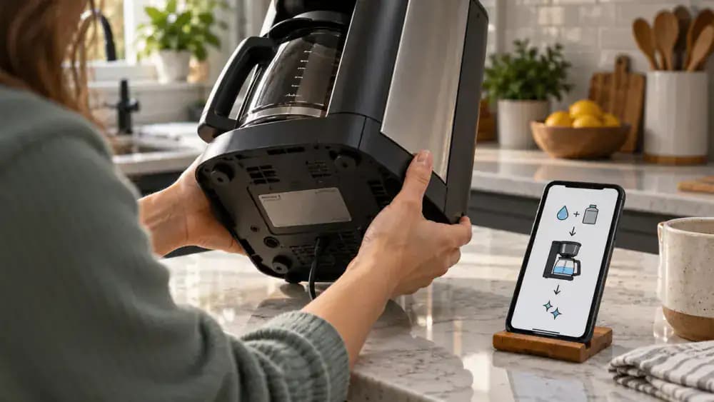 Hands rotate a coffee maker to read its model label while a phone displays the manufacturer support page with descaling instructions for that exact model.