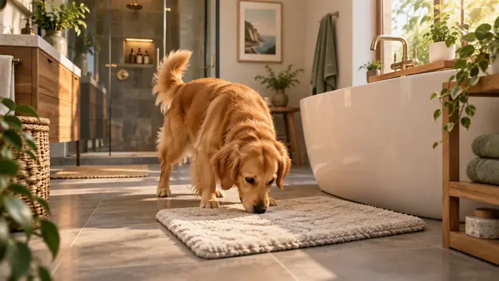 Dog sniffing a dry bath mat beside an empty bathtub in a tidy bathroom, with a folded towel on a nearby shelf.