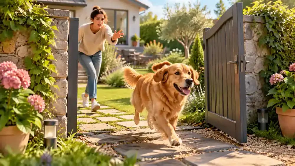 A dog near an open garden gate while its owner searches nearby, with a veterinary staff member scanning the dog and viewing its microchip number on a computer.