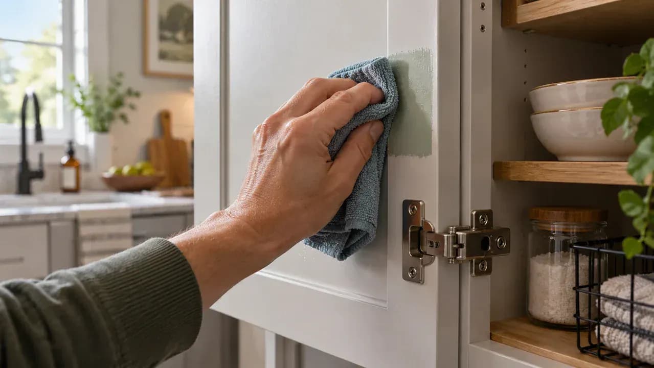 Hand testing mild cleaner with a damp microfiber cloth on a hidden inside edge of a painted kitchen cabinet door, with the cleaner bottle set aside.