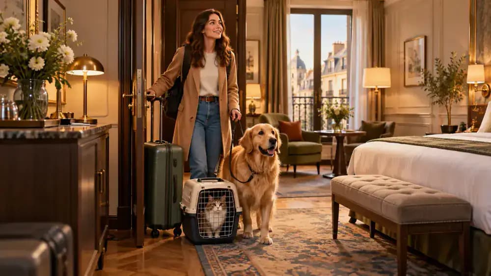 Traveler entering a modern hotel room with a golden retriever on a short leash and a tabby cat inside a secure pet carrier.