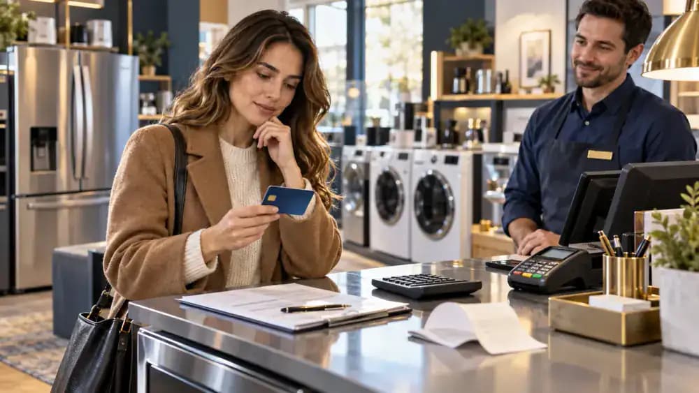 Customer evaluating a promotional credit card offer at a retail checkout