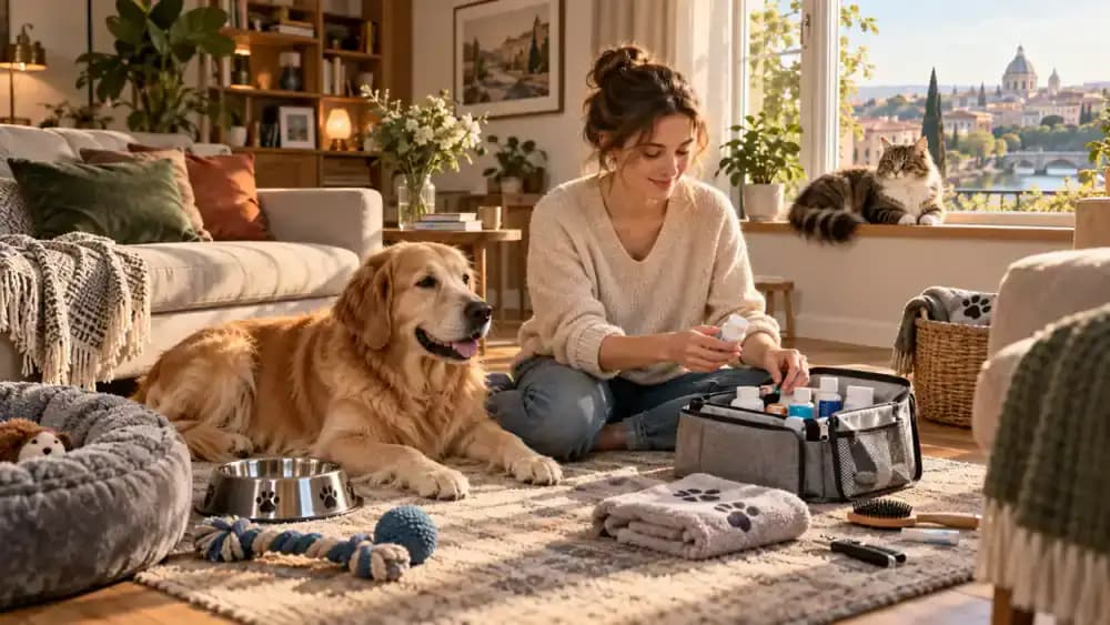 Golden retriever resting in a bright living room while a tabby cat watches its owner organize veterinary appointment paperwork