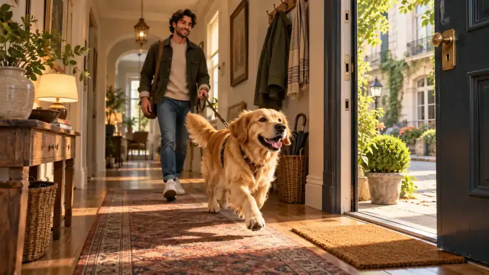 A medium-sized dog eagerly approaching an open interior doorway as its owner calmly follows, illustrating the difference between rushing ahead and waiting politely.