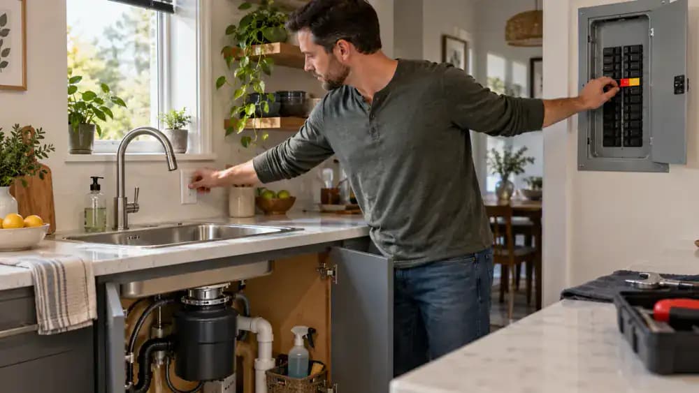 Adult homeowner turning off the garbage disposal wall switch and labeled breaker beside a kitchen sink before cleaning