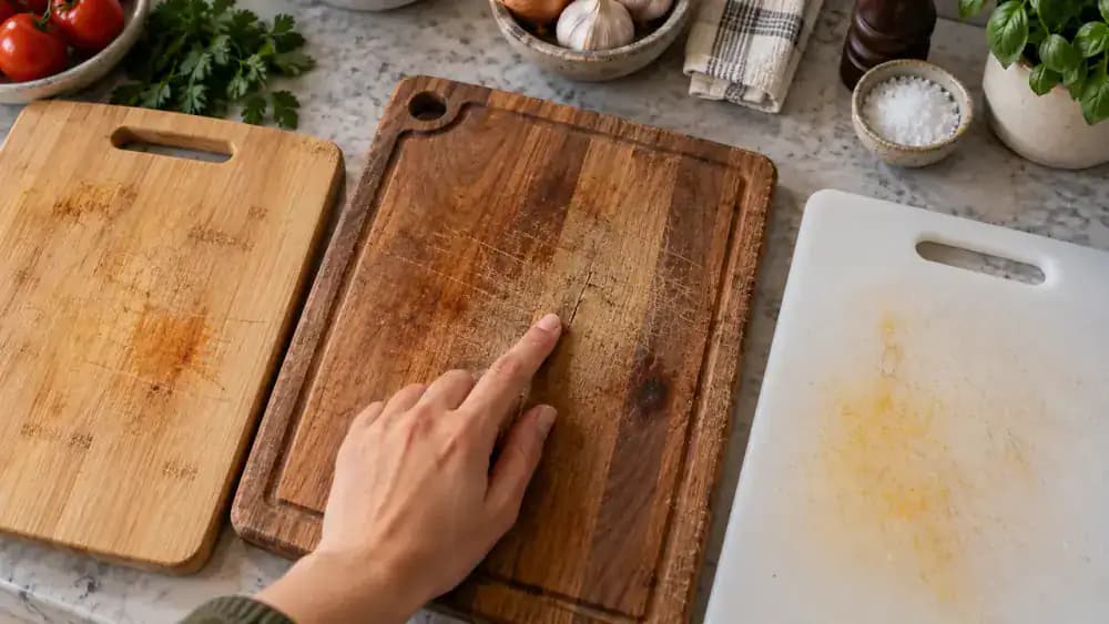 Overhead view of wood, bamboo, and plastic cutting boards on a kitchen counter as a hand checks knife grooves and a dark stain beside material labels.