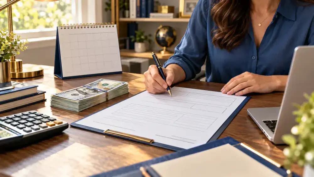 Small stack of US dollar bills beside a calendar and an unsigned loan agreement.