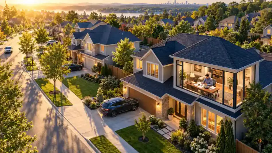 Aerial view of a peaceful American neighborhood representing homes and accumulated personal wealth.