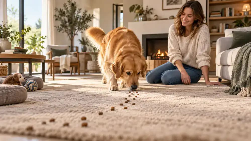 Dog sniffing a trail of kibble across an open living room rug