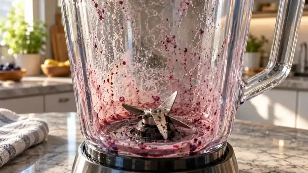 Close-up of a transparent blender jar on a kitchen countertop showing dried strawberry smoothie residue around the blade hub, cloudy inner walls, and food particles trapped in the removed lid grooves.