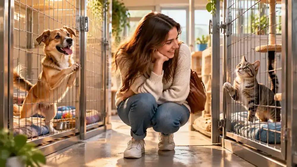 Prospective adopter considers a playful dog and curious cat in separate animal shelter enclosures while reviewing questions in a notebook.