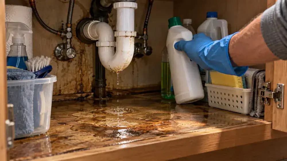 Close-up of an open kitchen sink cabinet with a hand moving a cleaning bottle aside, revealing a shallow puddle, damp shelf liner, dark water stains in the back corner, and a droplet hanging from an exposed pipe connection.