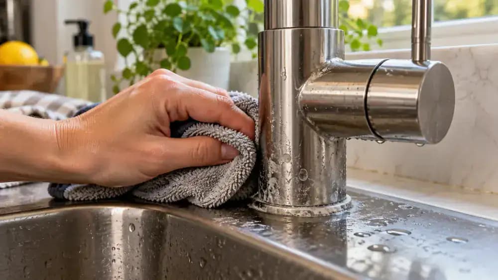 Close-up of a hand wiping white hard water mineral deposits beside a stainless steel kitchen sink faucet with a damp microfiber cloth, with chalky spots visible near the drain.
