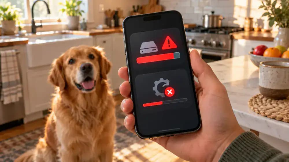 A person holds a smartphone above a kitchen table while a storage full warning blocks a photo of a nearby family dog and a failed app update notification appears on the screen.