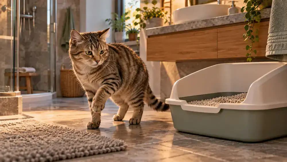 Tabby cat hesitating with one paw raised beside a spotless litter box filled with fresh litter in a naturally lit apartment bathroom.