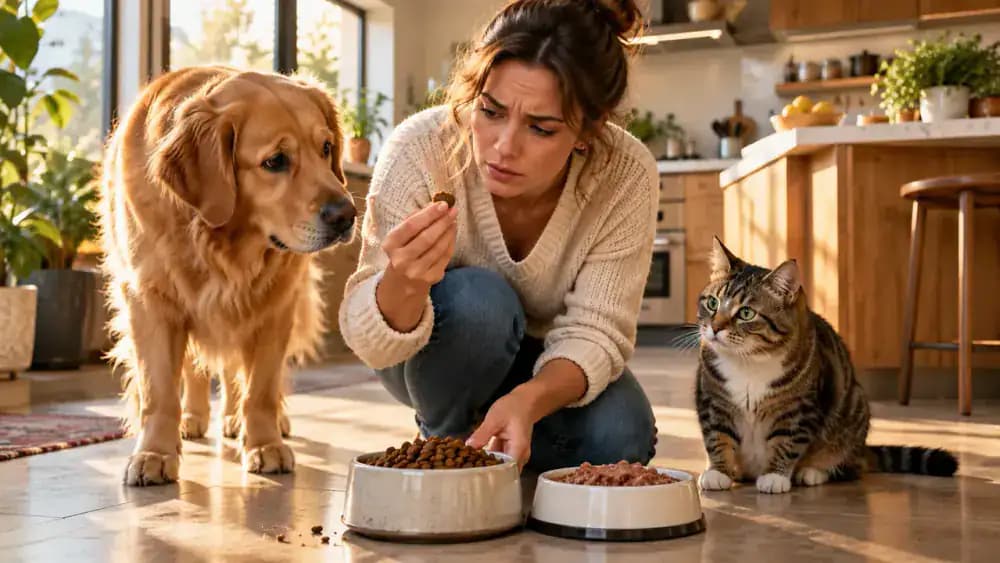 Pet owner examining an open bag of dry kibble in a sunlit kitchen while uncovered wet cat food sits on the counter, with a Golden Retriever and tabby cat nearby.
