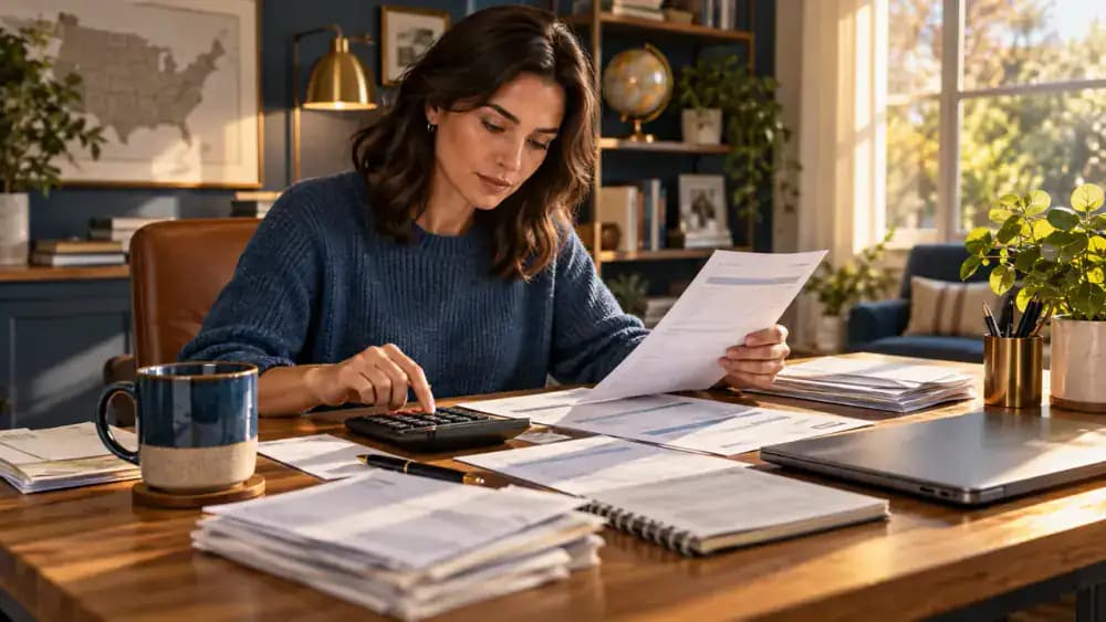 Person reviewing household finances and life insurance documents at a desk.