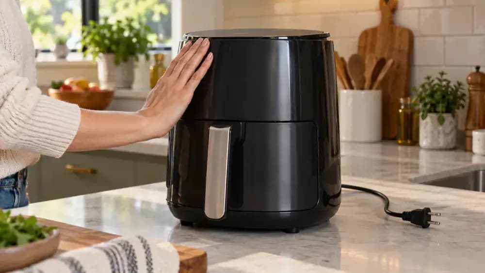 Hand unplugging a small kitchen appliance and placing it on a dry counter away from the sink before cleaning
