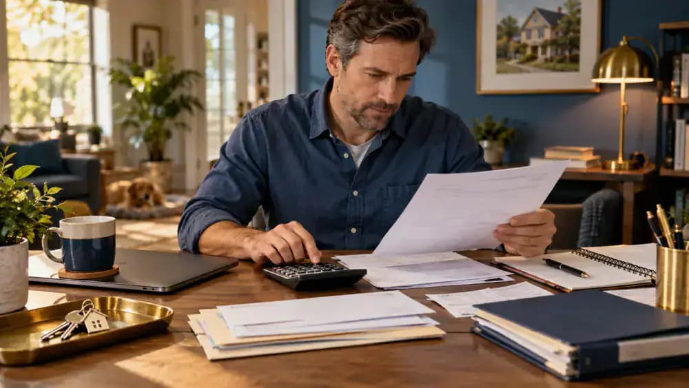Homeowner reviewing bills beside house keys