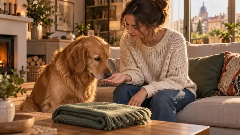 Golden retriever calmly sniffing an owner's open hand beside a folded blanket in a cozy living room