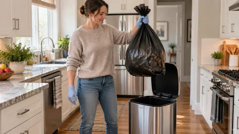 Person wearing disposable gloves carefully lifting a full trash bag from an open kitchen trash can before inspecting the inside for odor-causing residue.