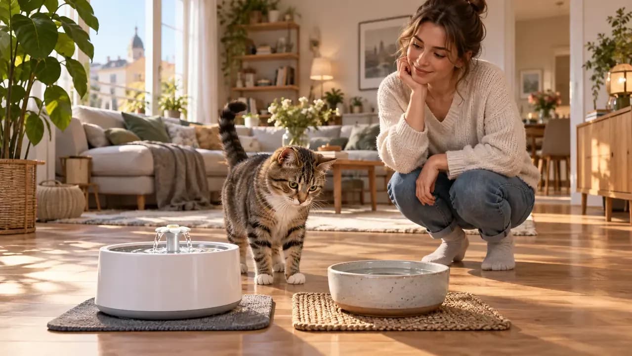 Owner quietly observing a relaxed cat choosing between a floor bowl and another water station