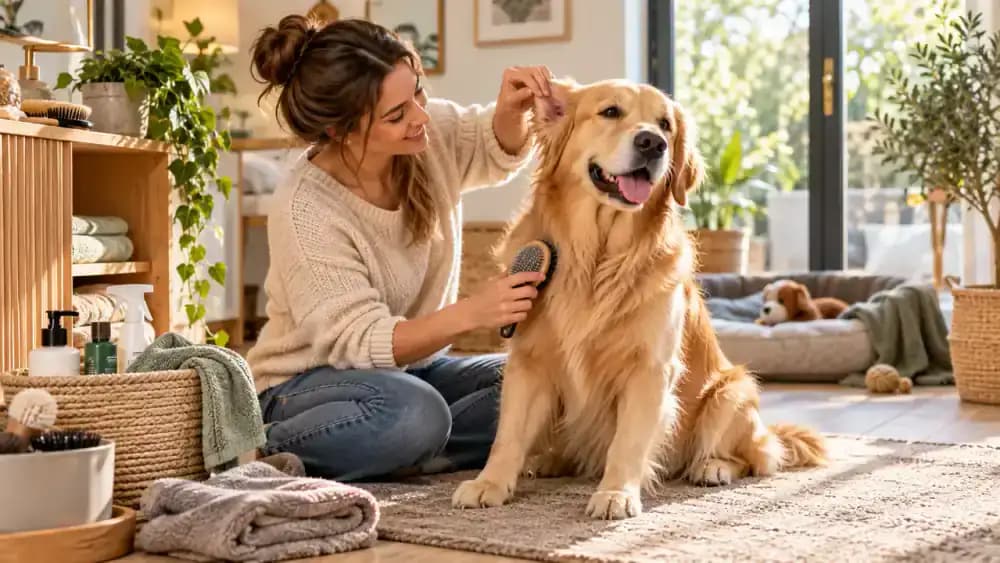 Relaxed dog sitting beside its owner during grooming, with the owner brushing its coat and gently observing the visible ears.