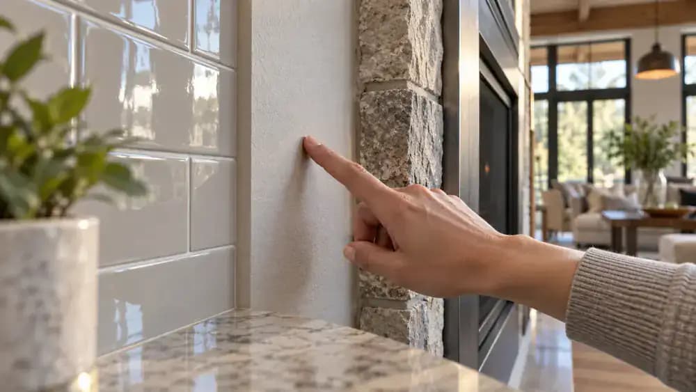 Close-up inspection of a kitchen backsplash showing glazed tile, grout lines, painted wall, natural stone, and metal trim under angled side lighting.
