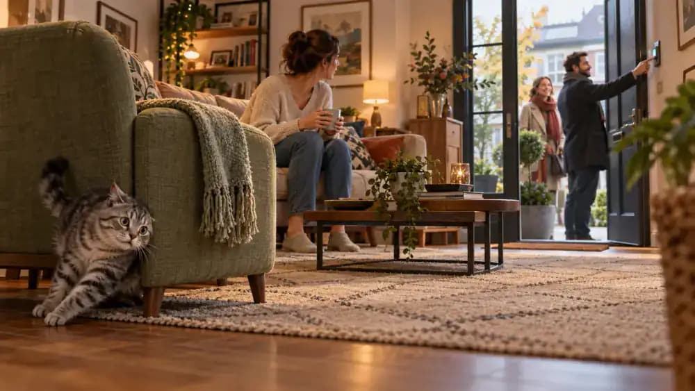 Gray tabby cat retreats behind a large armchair in a modern living room as two visitors wait outside a glass-paneled front door and the owner watches.