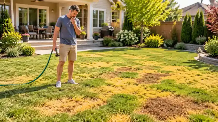 Homeowner holding an inactive garden hose while examining irregular yellow and brown patches across a green suburban lawn.