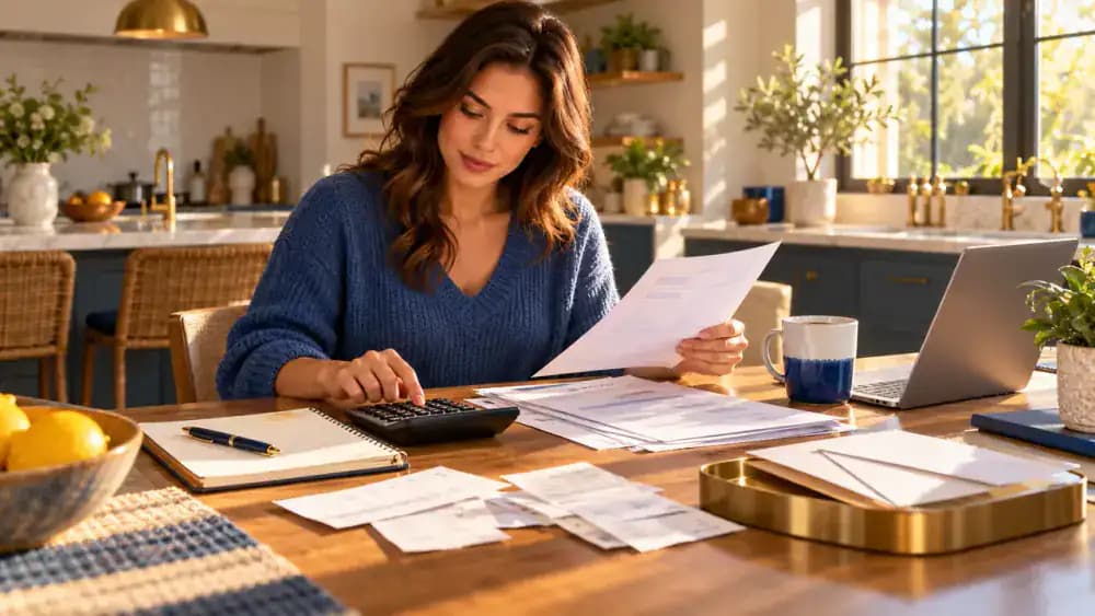 Adult reviewing a household budget and savings information at a sunlit kitchen table.