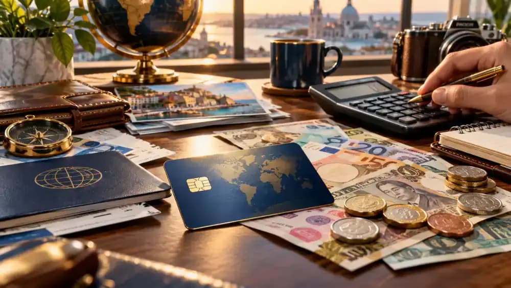 Unbranded travel credit card beside foreign banknotes and coins illustrating international payment costs.
