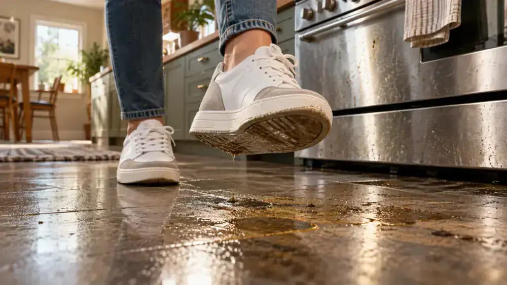 Close-up of a person lifting a sneaker from a sticky kitchen floor near a stove and cabinets, with dull floor patches and conceptual translucent layers showing cooking grease and detergent residue buildup.